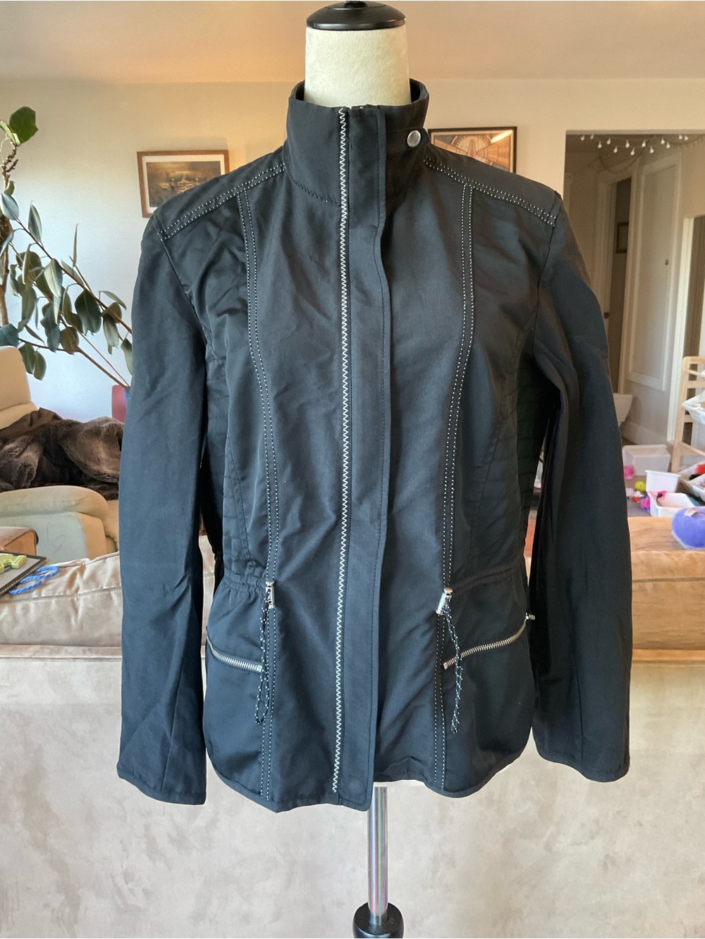 🦉Utility Chico's Black Stand-Collar Utility Jacket with Contrast Stitching